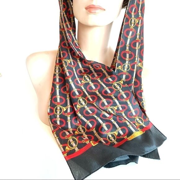 Echo black red gold horns and buckles silk scarf - Picture 4 of 7